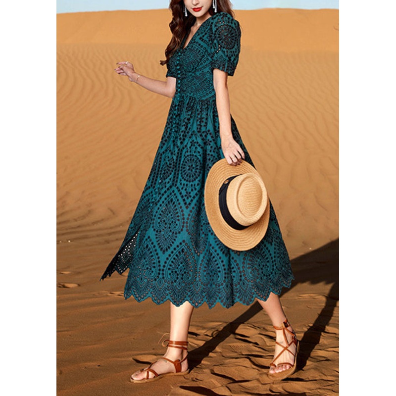 Summer Green Out Blackish V Dresses Cotton Elegant Hollow Neck