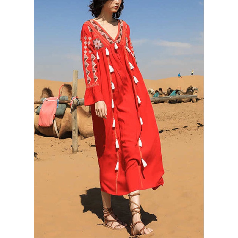 Tasseled Long Dress Fall Red Cotton V Patchwork Neck