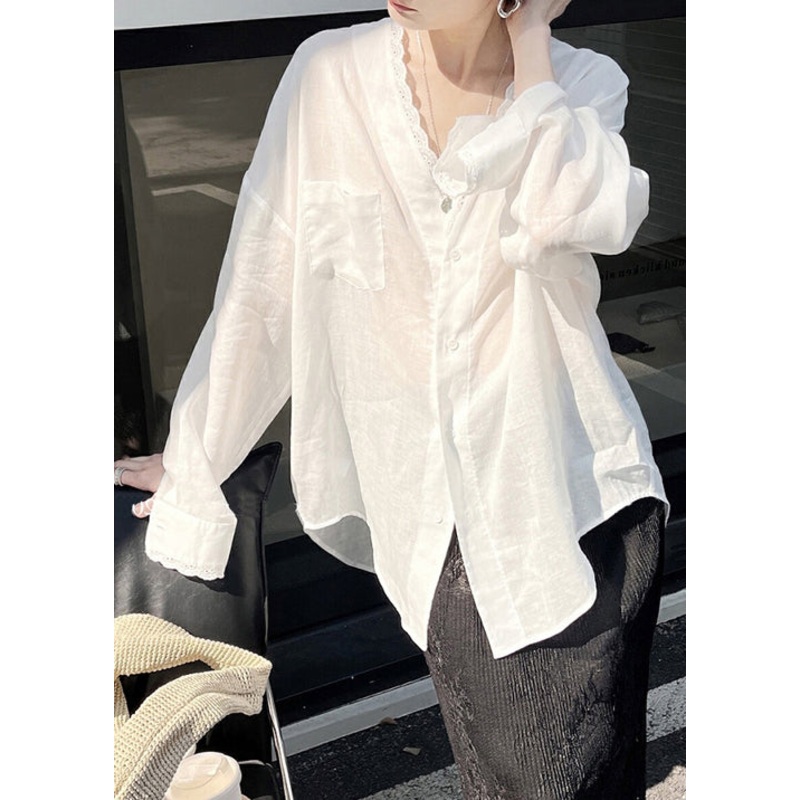 Thin Shirt Silk Button Loose Design Cotton Low High Summer White