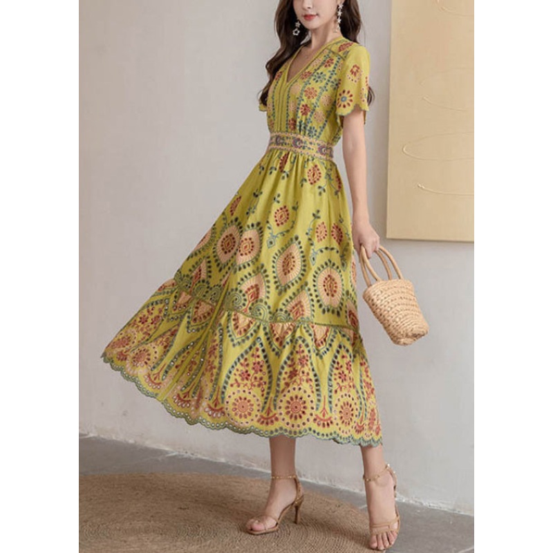 V Dress High Yellow Waist Cotton Summer Long Neck Out Hollow