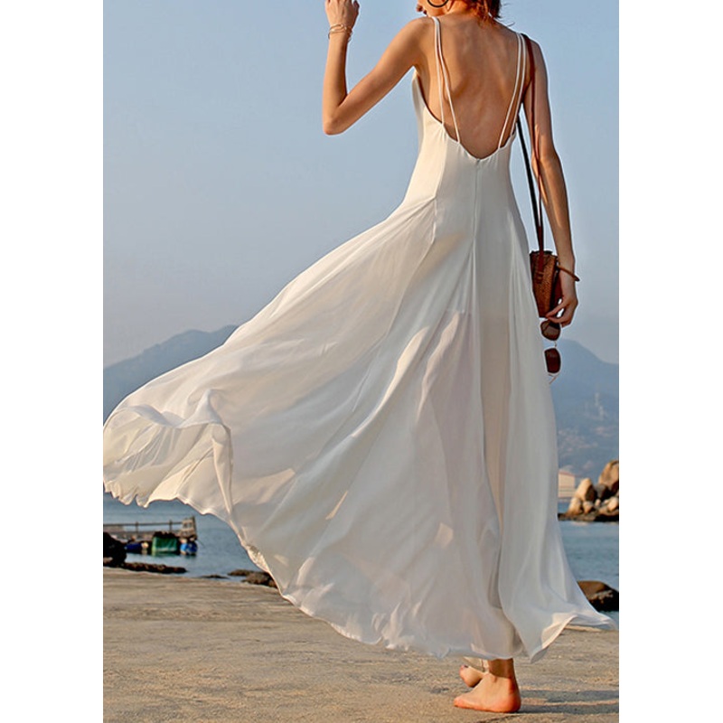 V Dress Neck Chiffon Sleeveless New White Strap Solid Spaghetti