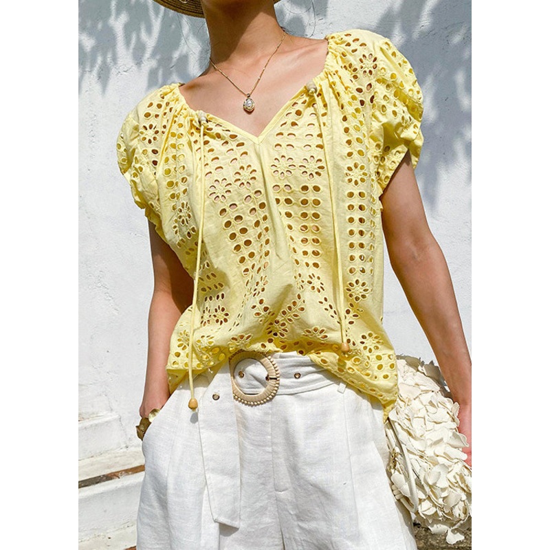 V Neck Lace Cotton Summer Hollow Tops Out Up Yellow Loose