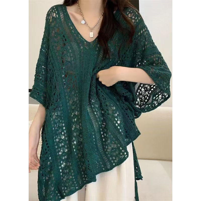 V Summer Out Knit Hollow Green Neck Tops Shirt Stylish