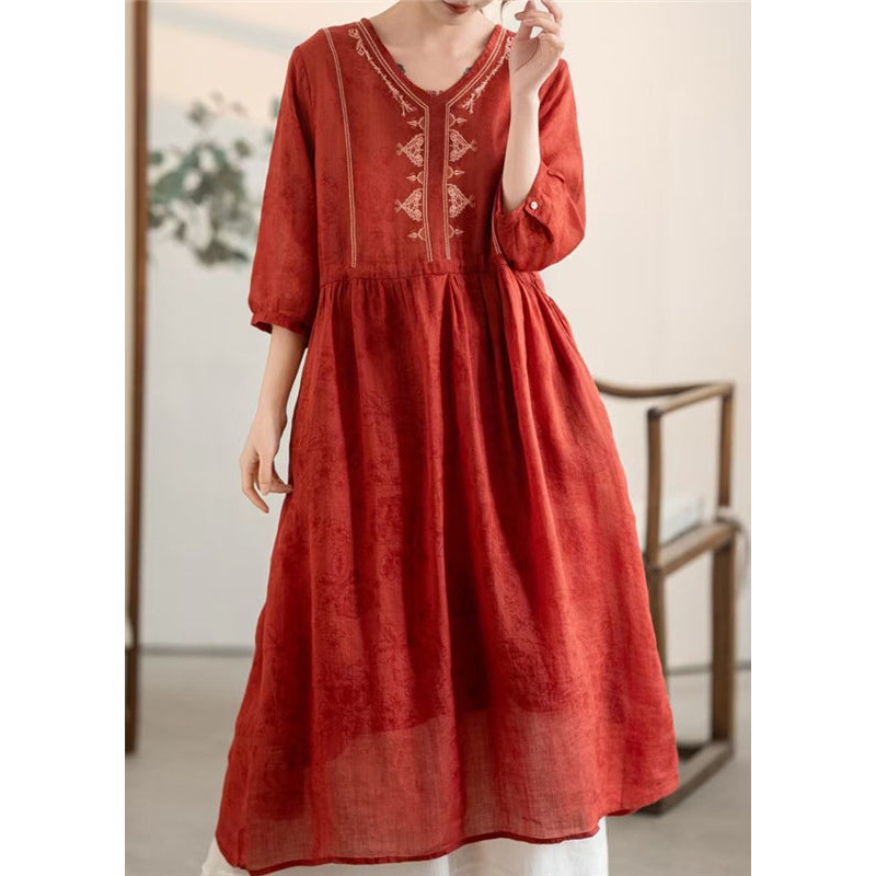 V Wrinkled New Dress Linen Neck Red Summer Embroidered