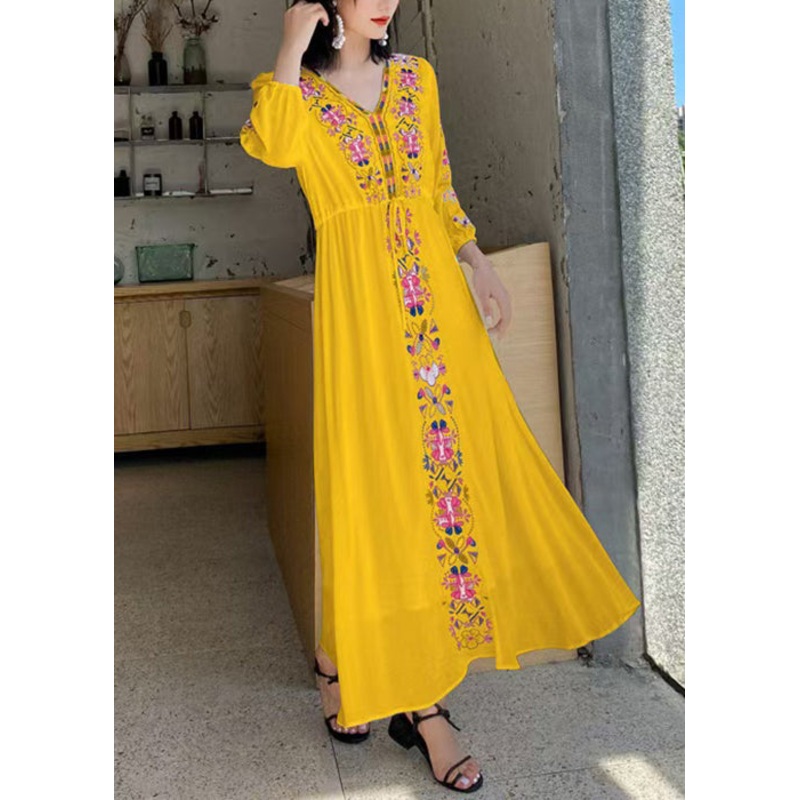 Waist Cotton Yellow Dresses Bohemian Embroidered Vacation Tie