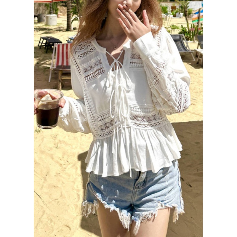 White Cotton Fall Up Hollow Shirt Original Out Lace