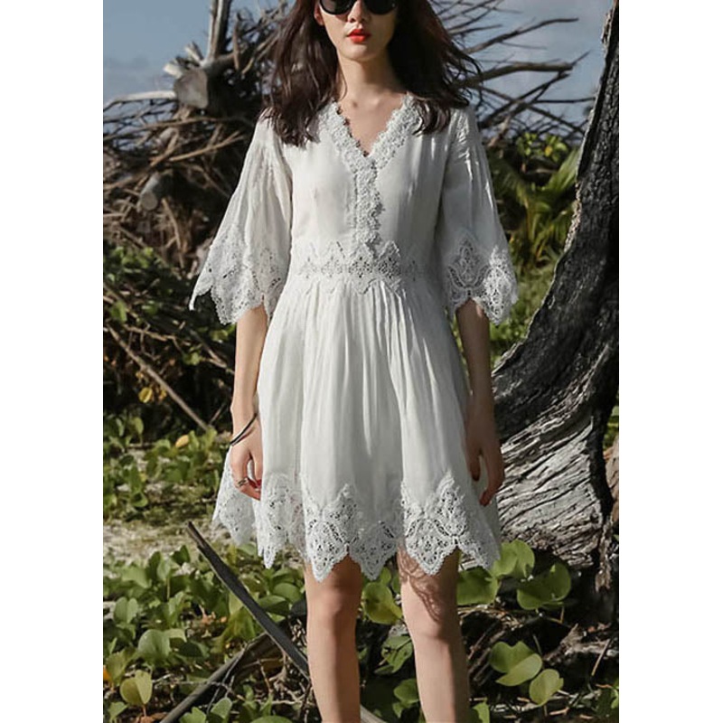 White Half Stylish Patchwork Dress Lace Mid Sleeve Neck V