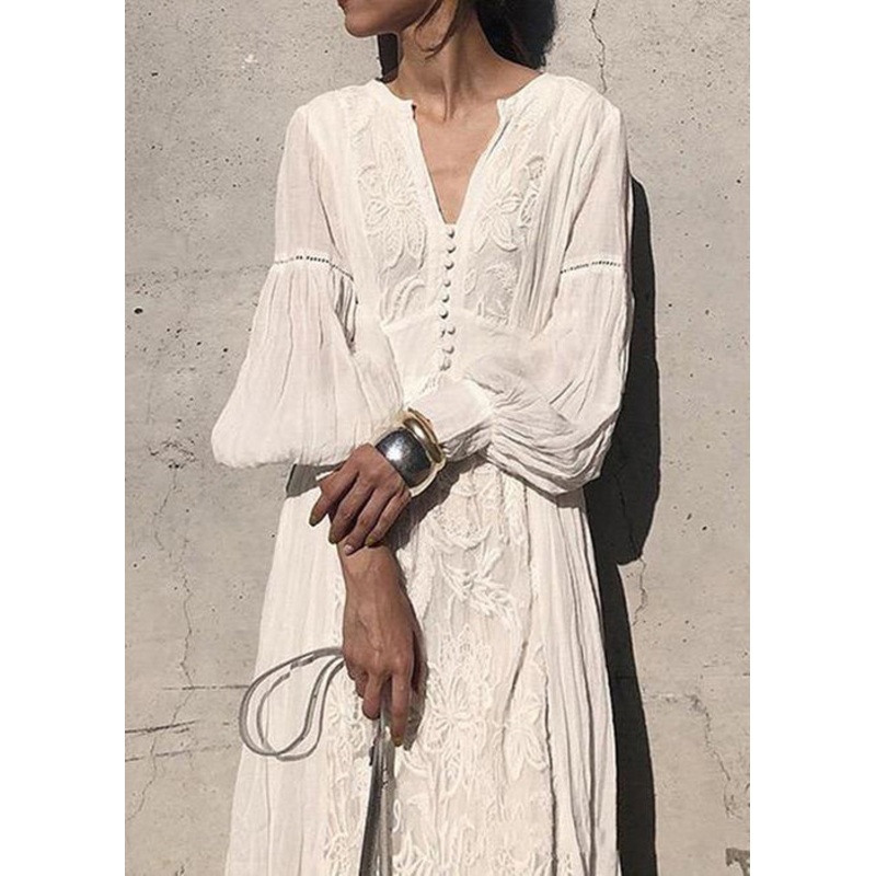 White Waist Embroidered French Sleeve Lantern Dress High Long