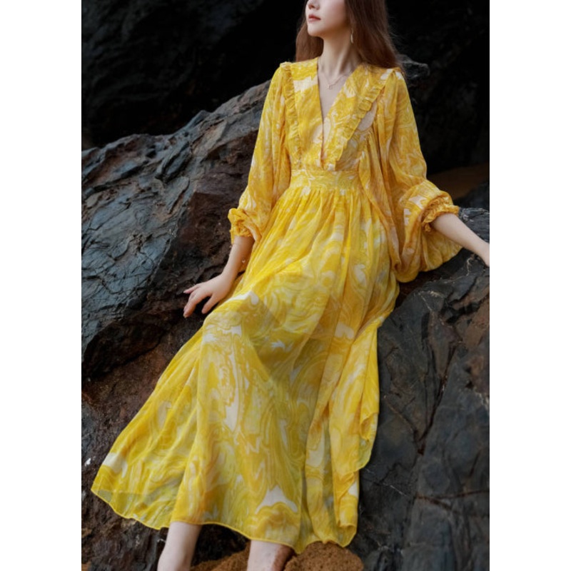 Yellow Neck Maxi Chiffon Tie Lantern French Waist V Print Dresses