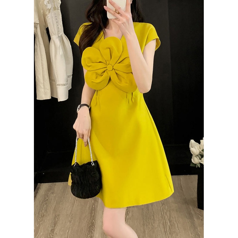 Yellow O Dress Summer Style Floral Neck Cotton Decorated
