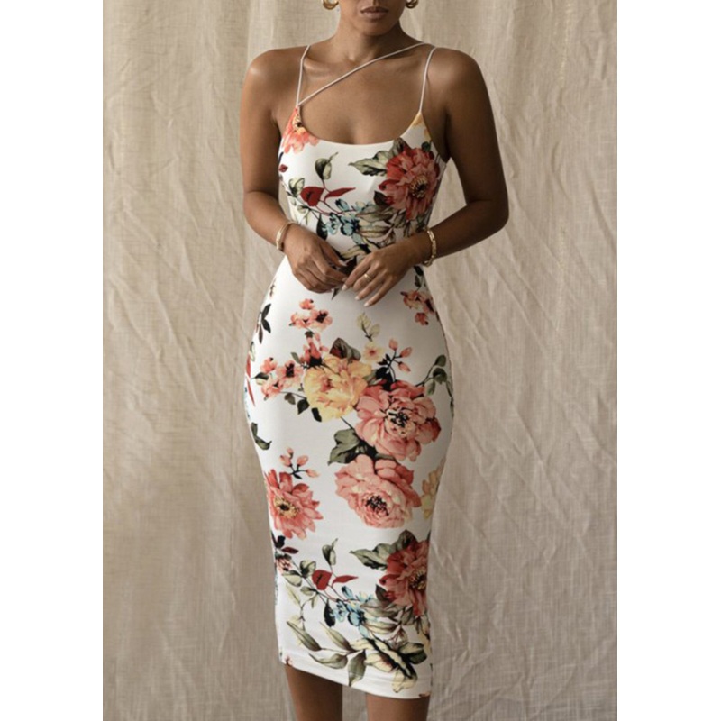 Cold Spaghetti Strap Shoulder Slim Dress Fit Cotton White Print