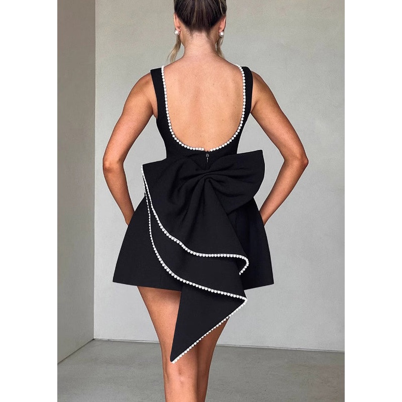 Cotton Dresses Summer Mini Black French Bow Backess