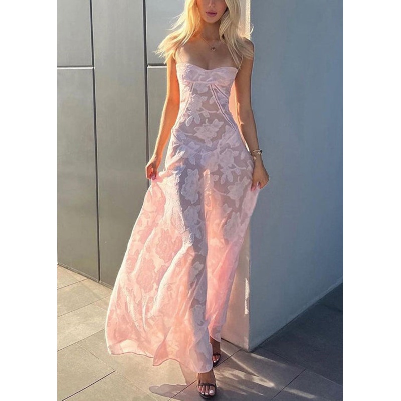 Spaghetti Up Strap Lace Pink Elegant Sleeveless Dress