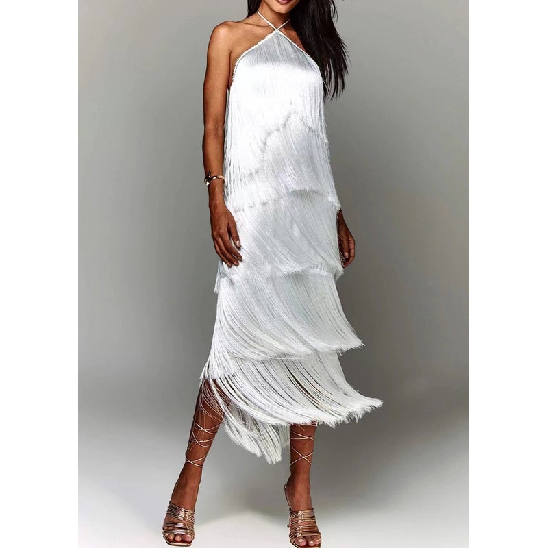 Tasseled Chic White Dress Halter Backless Summer