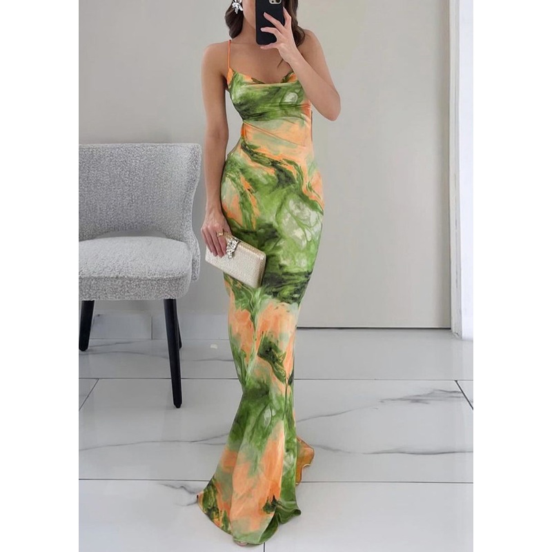 Up Summer Stylish Lace Green Dresses Print Maxi Backless