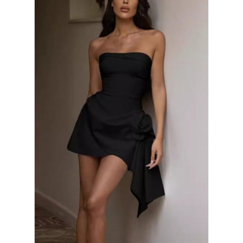 Waist High Cold Dresses Summer Black Shoulder Solid