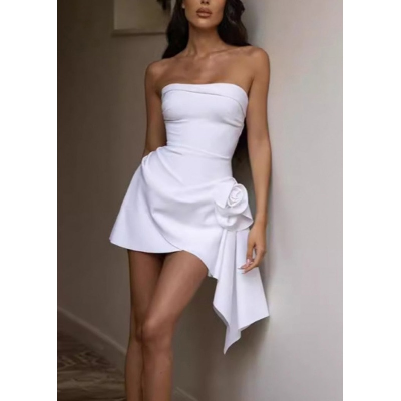 White Floral Sleeveless Mid New Strapless Dress