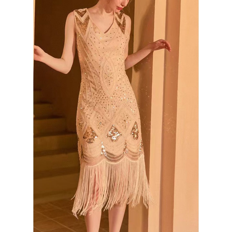 Work Dress Lace Apricot Tasseled Sleeveless Sequins