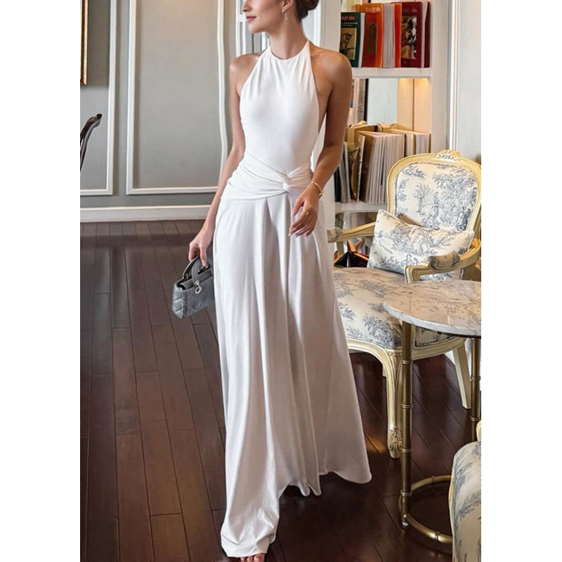 Backless Dress Up Long Wrinkled Cotton Bohemian White Lace