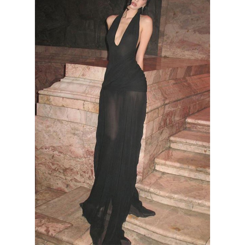 Black Slim Neck Dresses Maxi Fit Tulle Sleeveless Backless V