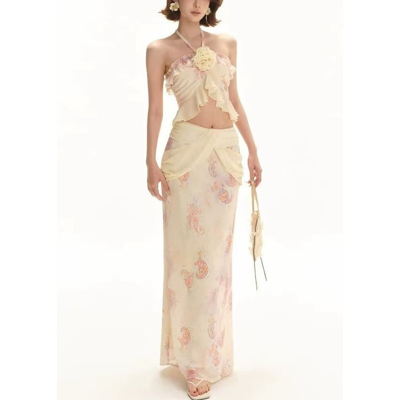 Chiffon Tank Set And Skirts Print Two Pieces Floral Apricot