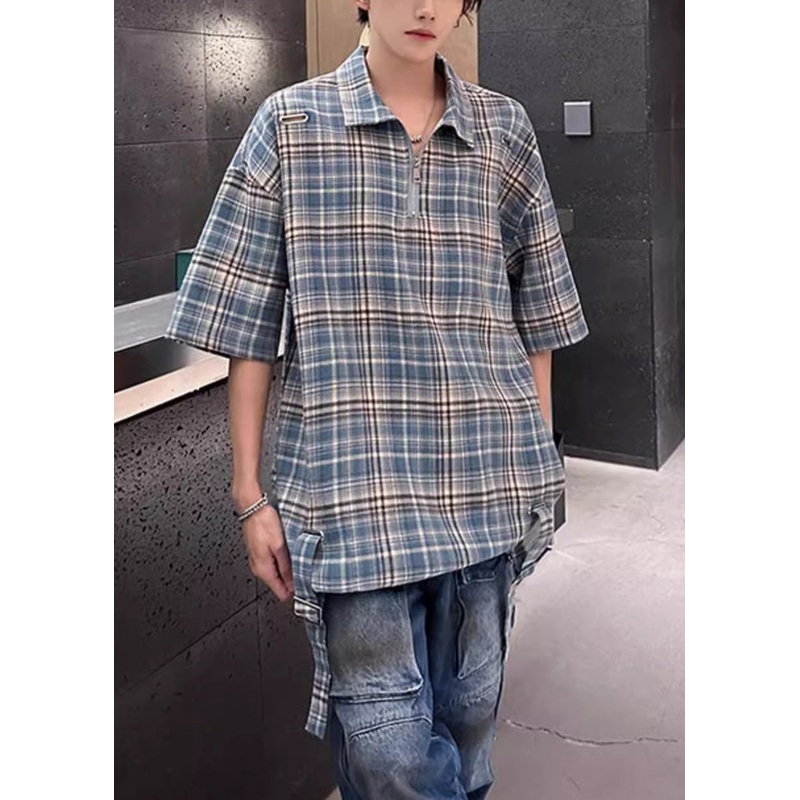 Cotton Plaid Up Zip Collar Pan Men Blue Peter Shirts Summer