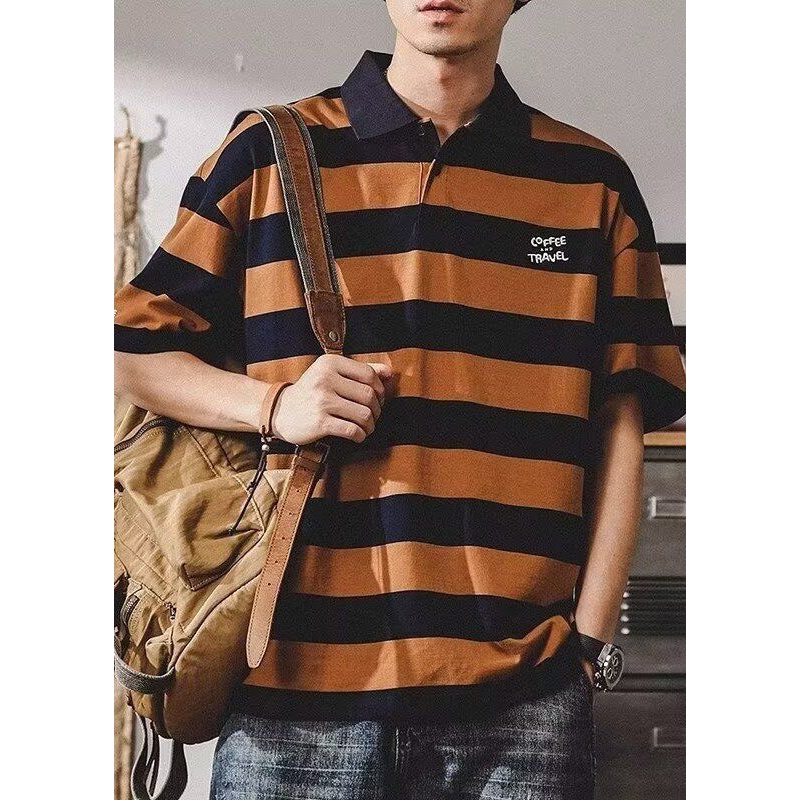 Cotton Print New Polo Coffee Striped Summer Mens Shirt