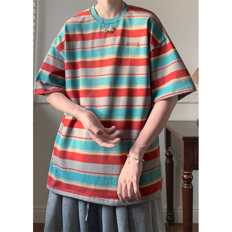Cotton T Striped Shirts Red Men Half O Patchwork Sleeve Neck