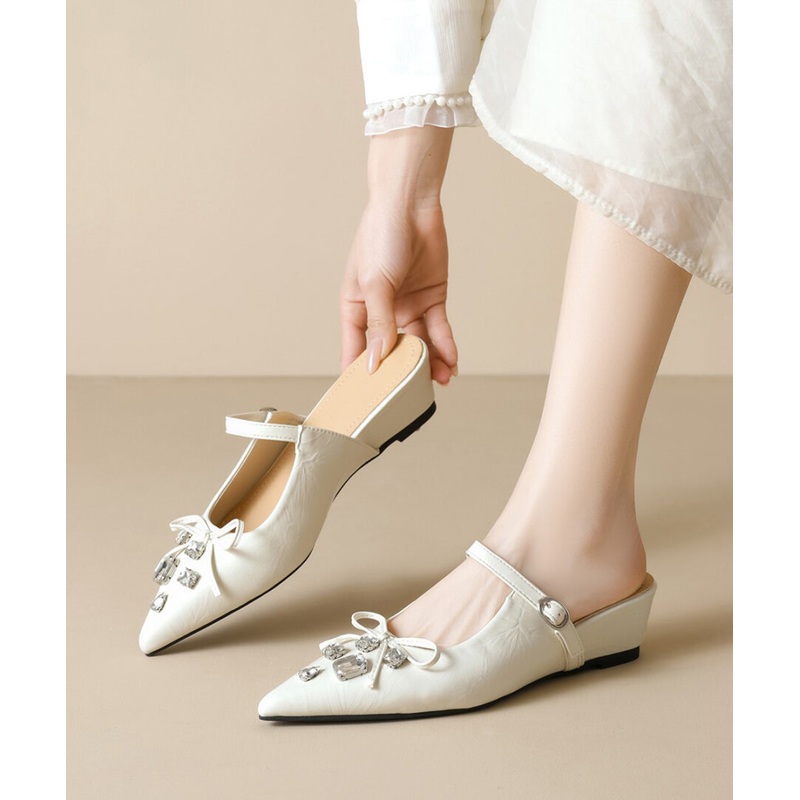 Faux Apricot Leather Pointed Zircon Slide Toe Sandals Splicing