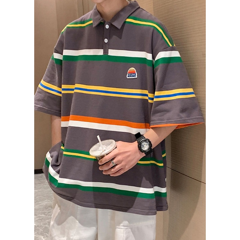 Half Dark Gray Sleeve Polo Loose Striped Cotton Button Shirts