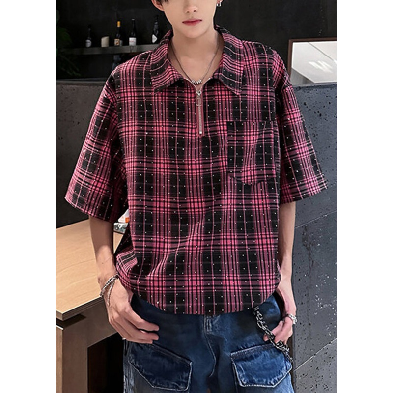 Half Plaid Zircon Men Handmade Red Shirts Zippered Sleeve Cotton