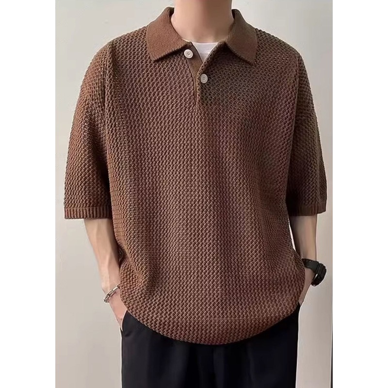 Hollow Coffee Polo Knit Button Simple Out Shirts Summer Men