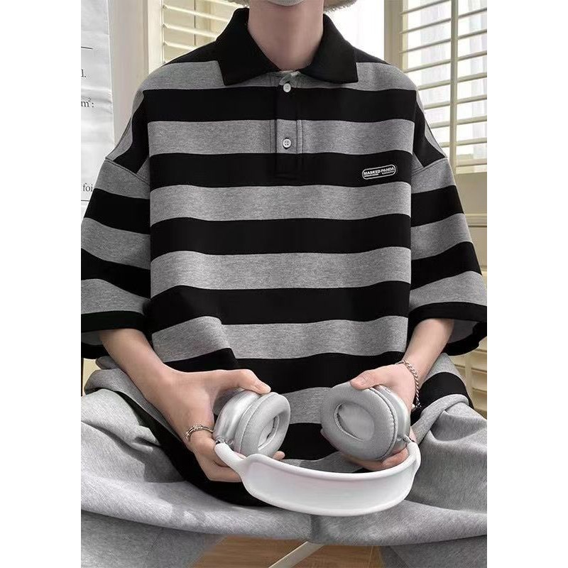 Mens Polo Half Art Cotton Striped Sleeve Shirts Grey Button