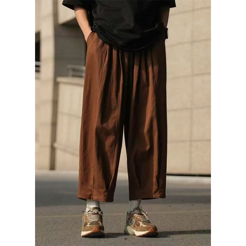 Mens Summer Solid Chocolate Crop Elastic Waist Cotton Pants Loose