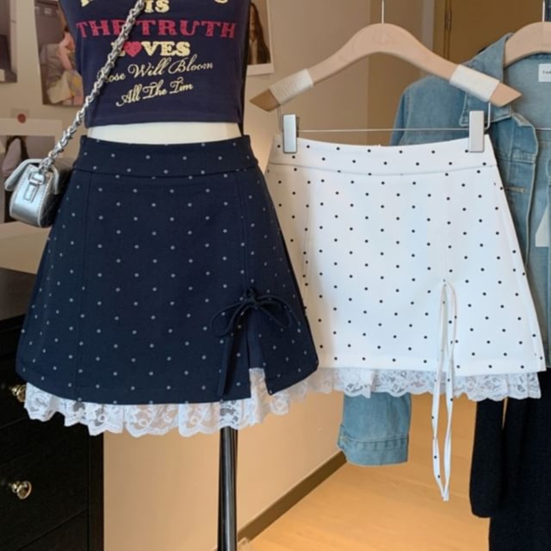 Panel Skirt Mini High Lace Waist A-Line Accent Bow