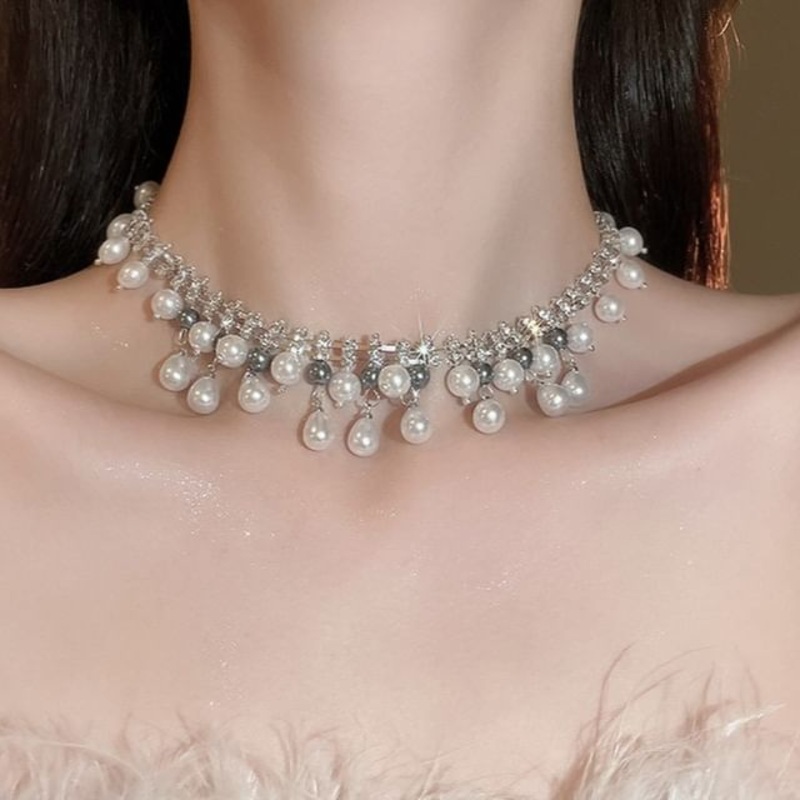 Pearl Fringed Rhinestone Faux Necklace