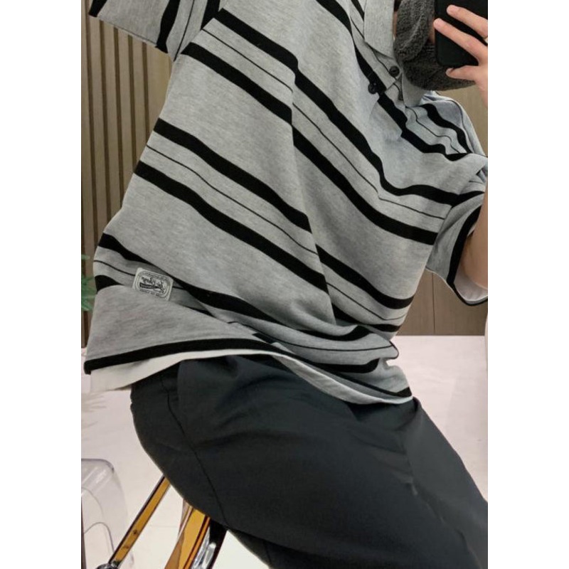 Polo Shirts Striped Summer Grey Button Plus Cotton Size Men