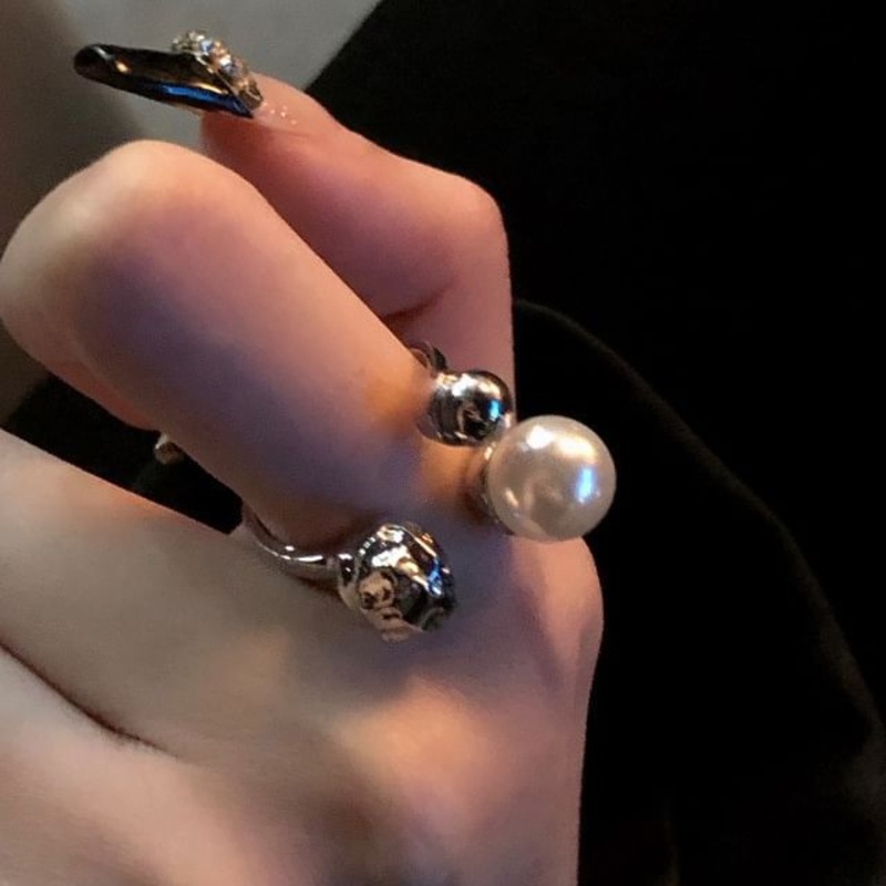 Ring Faux Face Rhinestone Smiley Pearl /
