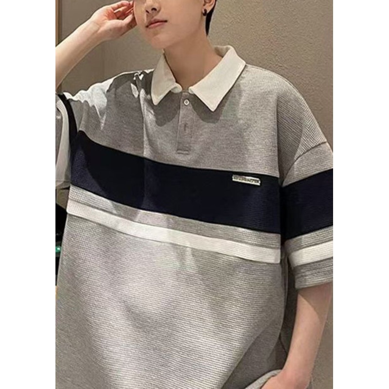 Shirts Patchwork Polo Loose Mens Summer Cotton Grey Button