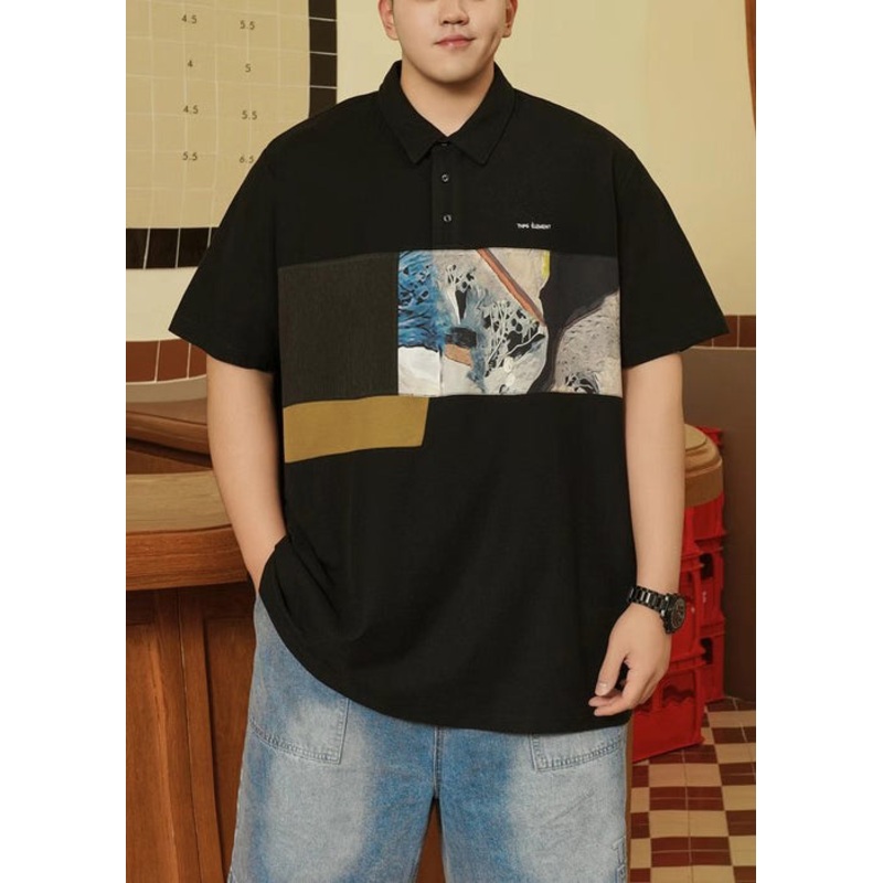Size Print Shirt Plus Black Button Men Cotton Summer Polo