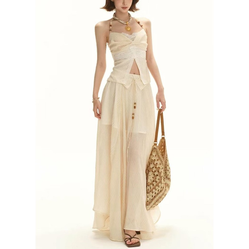 Skirts Two Patchwork Lace Apricot Elegant And Tops Pieces Set