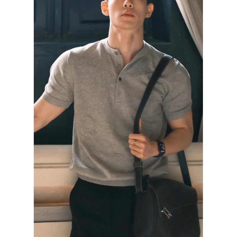Solid Grey Simple Button Men Shirts T Summer Cotton
