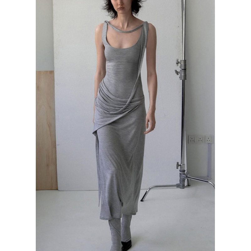 Strap Dress Spaghetti Grey Solid Wrinkled Sleeveless Cotton Art