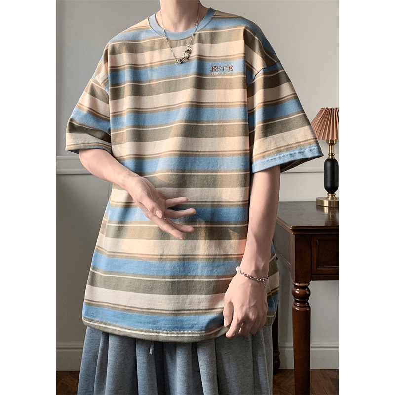Striped Men Blue T Shirts Summer Letter Cotton O Neck