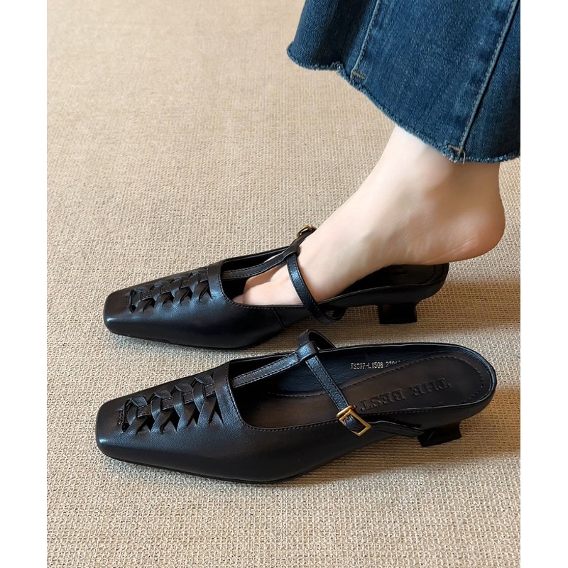 Black Elegant Splicing Slide Sheepskin Sandals Chunky