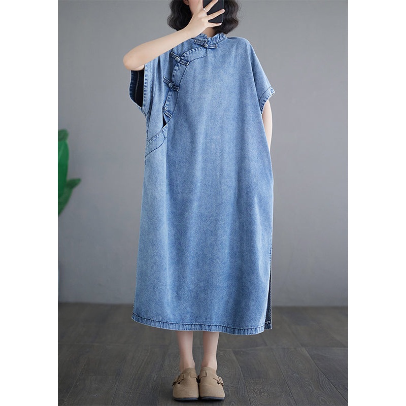 Blue Denim Collar Sleeve Maxi Dresses Loose Stand Short Light