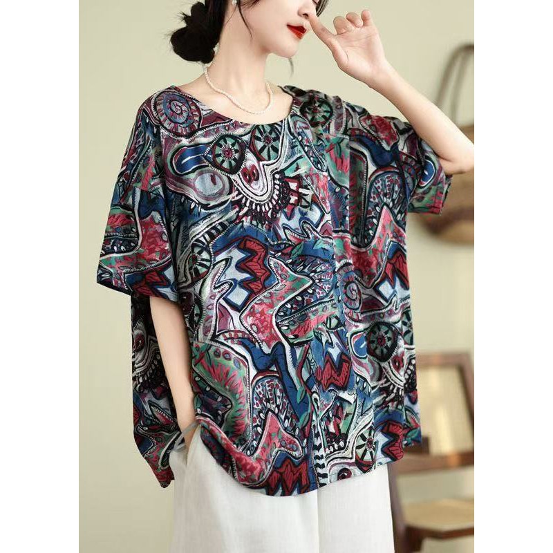 Blue Top Print O-Neck Shirt Loose Summer