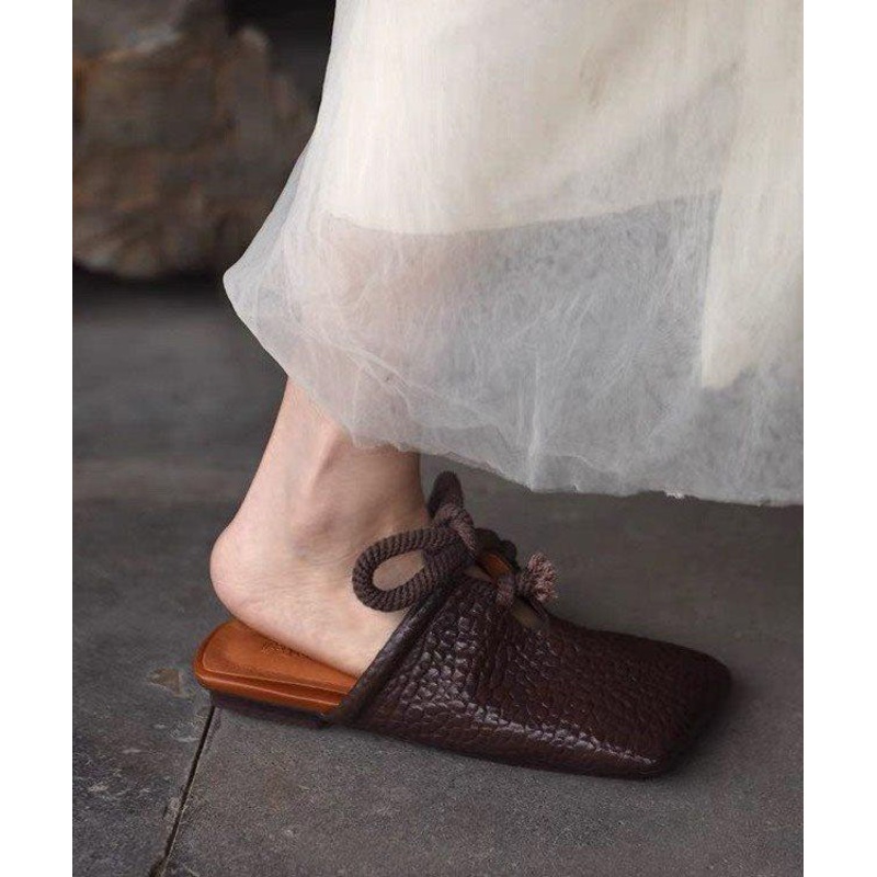 Boho Up Faux Lace Splicing Leather Slide Sandals Brown