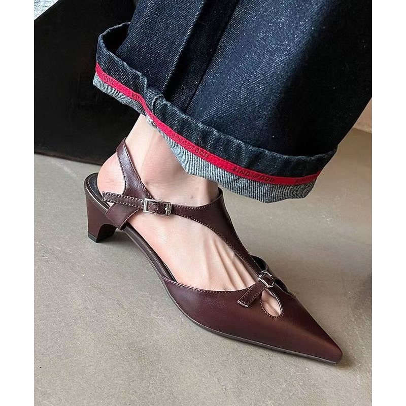 Brown Chic Sandals Splicing Cowhide Hollow Out Leather Chunky