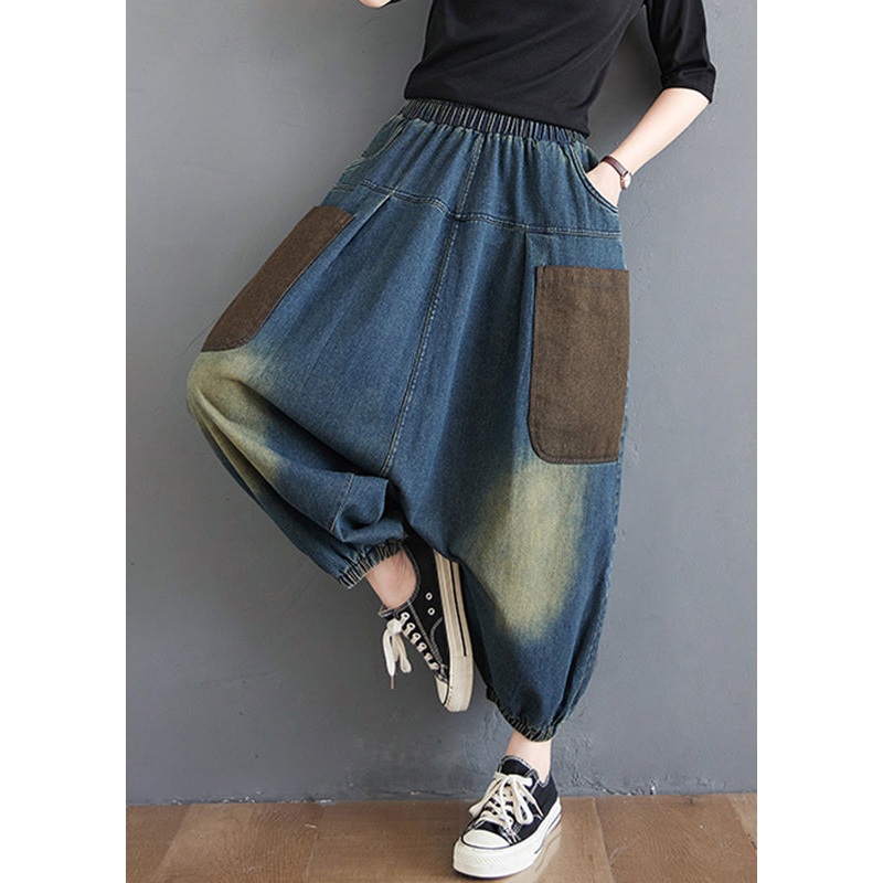 Color Summer Blue Harem Elastic Denim Waist Gradient Pants